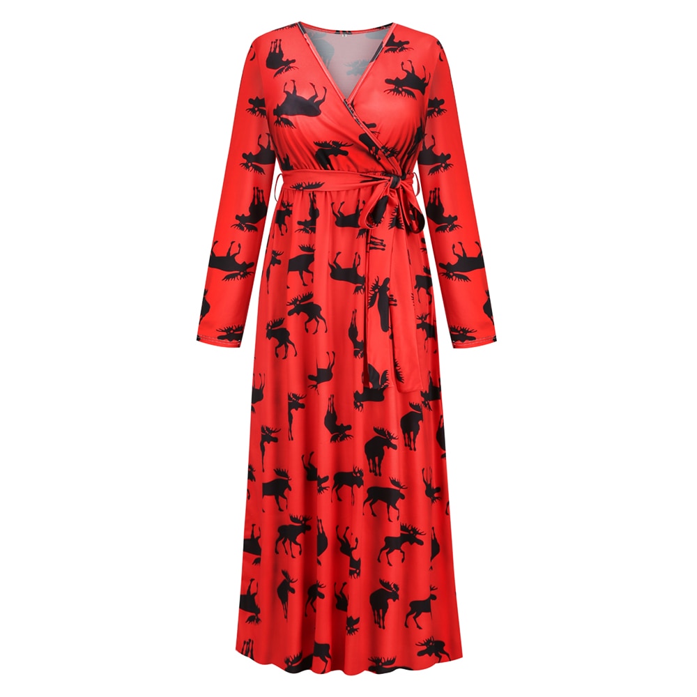 Christmas Print Long Dress for Women Autumn V-neck Knitting  A-LINE Belt Slim Ankle-Length