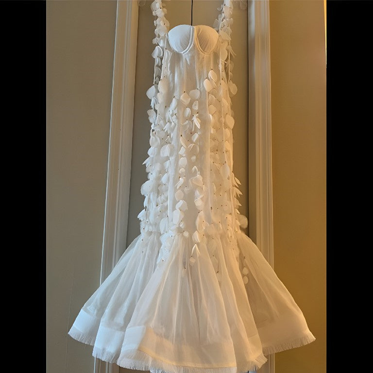 Woloong Party Dresses White Pretty Elegant Mermaid Prom Spaghetti Strap Sleeveless 3D Appliques Women Cocktail Night Gowns Custom Made