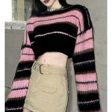 Woloong  Y2K Korean Style Pink Cropped Sweater Women Striped Jumper Vintage Female  Autumn Long Sleeve Crewneck Pullovers Tops