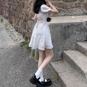 Dresses Women Puff Sleeve Holiday Sundress Hollow Out Floral Design Korean Style College Lovely Simple Trendy Summer