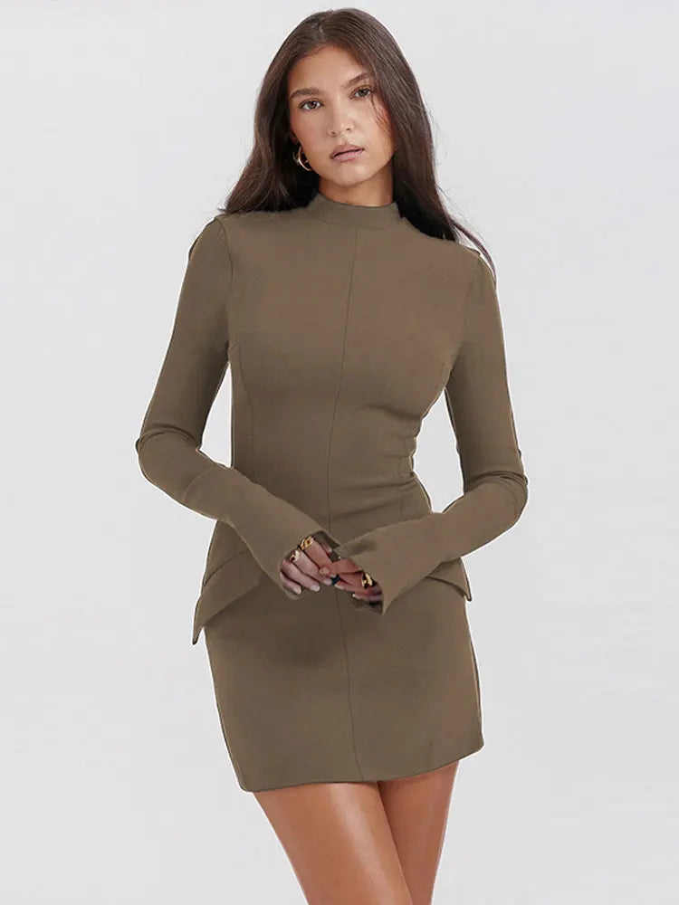 Women Elegant Dark Blue Commuting Mini Dress  Autumn Sexy Pocket Long Sleeve Bodycon Dresses Lady Chic Party Club Robe