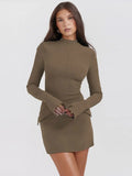 Women Elegant Dark Blue Commuting Mini Dress  Autumn Sexy Pocket Long Sleeve Bodycon Dresses Lady Chic Party Club Robe