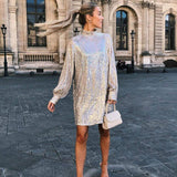 Sequins Women Lace Up Dress Green Turtleneck Long Sleeeve Midi Female Dresses  Autumn Winter Ruffle Party Club Lady