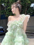 woloong  French Ruffled Dress Sweet Off Shoulder Women's Summer Sleeveless Short Floral Dress Party High Waist A-line Fairy Dress Vestido