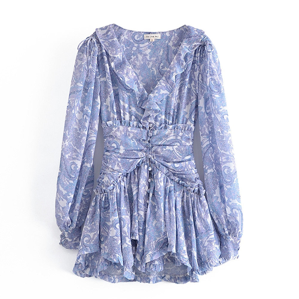Blue Floral Print Chiffon Mini Dress Women Wood ears Ruffles V neck Open Buttons Slim Ruched Waist Long Sleeve Holiday Robe