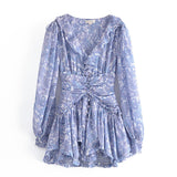 Blue Floral Print Chiffon Mini Dress Women Wood ears Ruffles V neck Open Buttons Slim Ruched Waist Long Sleeve Holiday Robe