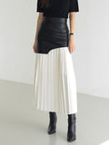 [EWQ] Sweet Style Patchwork Pu Skirt For Women High Waist Midi Folds Pleated Skirts Female  Autumn New Fashion Clothing Y331