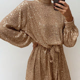 Sequins Women Lace Up Dress Green Turtleneck Long Sleeeve Midi Female Dresses  Autumn Winter Ruffle Party Club Lady