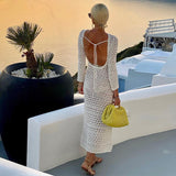 Backless Tie Up Knit Crochet Beach Long Dress Women Fall Spring Hollow-Out O-Neck Wrap Bodycon Dress Holiday Party Wear