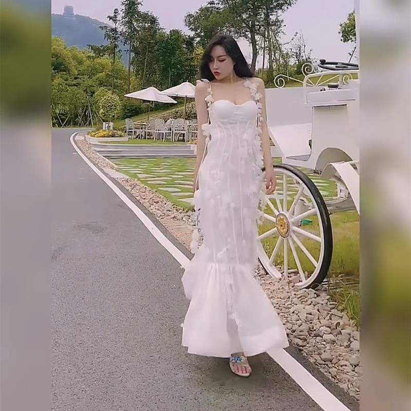 Party Dresses White Pretty Elegant Mermaid Prom Spaghetti Strap Sleeveless 3D Flowers With Chest Pad Appliques Women Dress Made