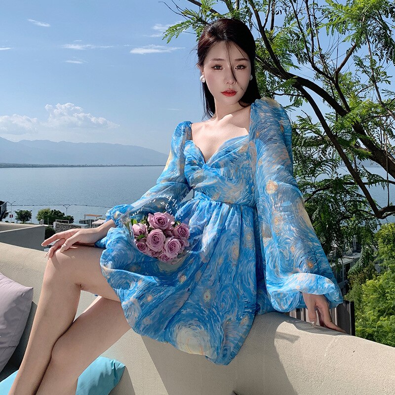 Oil Painting Print Dress Women French Chic Puff Sleeve V-neck Backless Tutu Skirt Summer Seaside Vacation Beach Dress