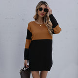 Women Winter Sweater Dresses, Women's Autumn Knitted Patchwork Pullovers Tunic Mini Dress.
