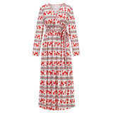 Christmas Print Long Dress for Women Autumn V-neck Knitting  A-LINE Belt Slim Ankle-Length