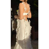 Woloong Party Dresses White Pretty Elegant Mermaid Prom Spaghetti Strap Sleeveless 3D Appliques Women Cocktail Night Gowns Custom Made