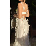 Woloong Party Dresses White Pretty Elegant Mermaid Prom Spaghetti Strap Sleeveless 3D Appliques Women Cocktail Night Gowns Custom Made