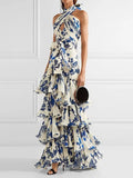 Elegant Women's Printed Vestidos Sleeveless Neck-mounted Female Formal Wear Aesthetic Layered Ruffled Hem Evening Party Dresses