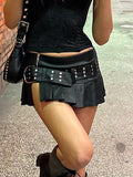 Punk Slit Mini Leather Skirt with Belt Summer Low Rise Loose Sexy Super Short PU Pleated Skirts Women y2k Gothic Outfits