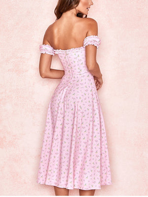 Casual Wear Summer High Quality Sexy Pink Dress Broken Off The Shoulder Backless Printing Dresses Long Skirt Women'S Clothing