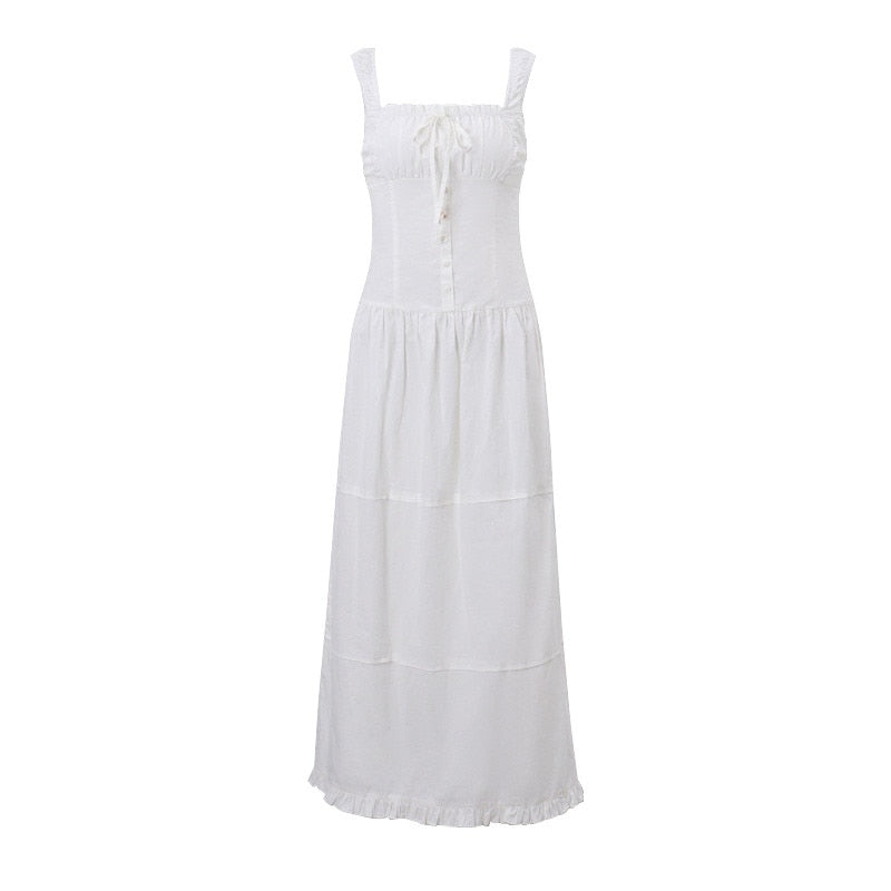 Sexy White Pleated Holiday Dress Woman Lace Up Square Collar Ruffles Female Dresses Elegant Button Sleeveless Beach Vestido