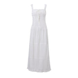 Sexy White Pleated Holiday Dress Woman Lace Up Square Collar Ruffles Female Dresses Elegant Button Sleeveless Beach Vestido