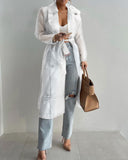 Women Organza See Though Sunscreen Long Sleeve Trench Summer Fashion Basic Double Breasted with Belt Tops