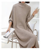 Women L-3XL Large Size Knitted Rib Woolen Dress With Batwing Sleeve For Autumn And Winter