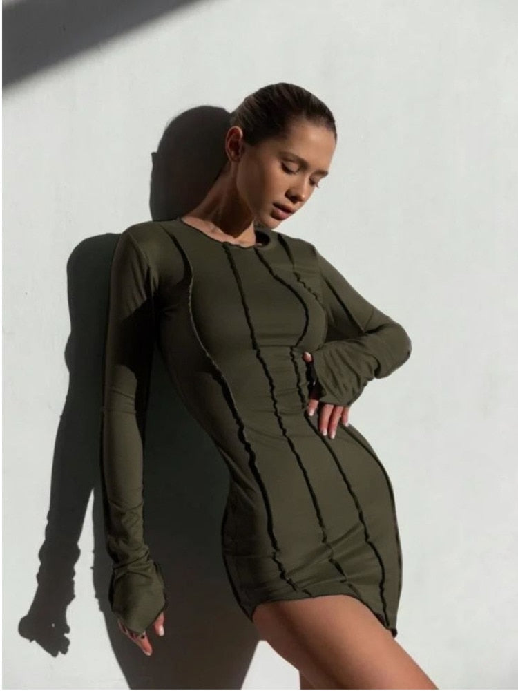 Sexy Solid Patchwork O Neck Mini Dress Women Autumn Bodycon Long Sleeve Slim Fit Elegant Party Club Vestido