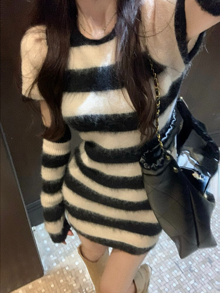 Elegant Striped Knitted Dress Women Design Long Sleeve Y2k Mini Sweater Dress Party One Piece Dress Korean Fashion Autumn