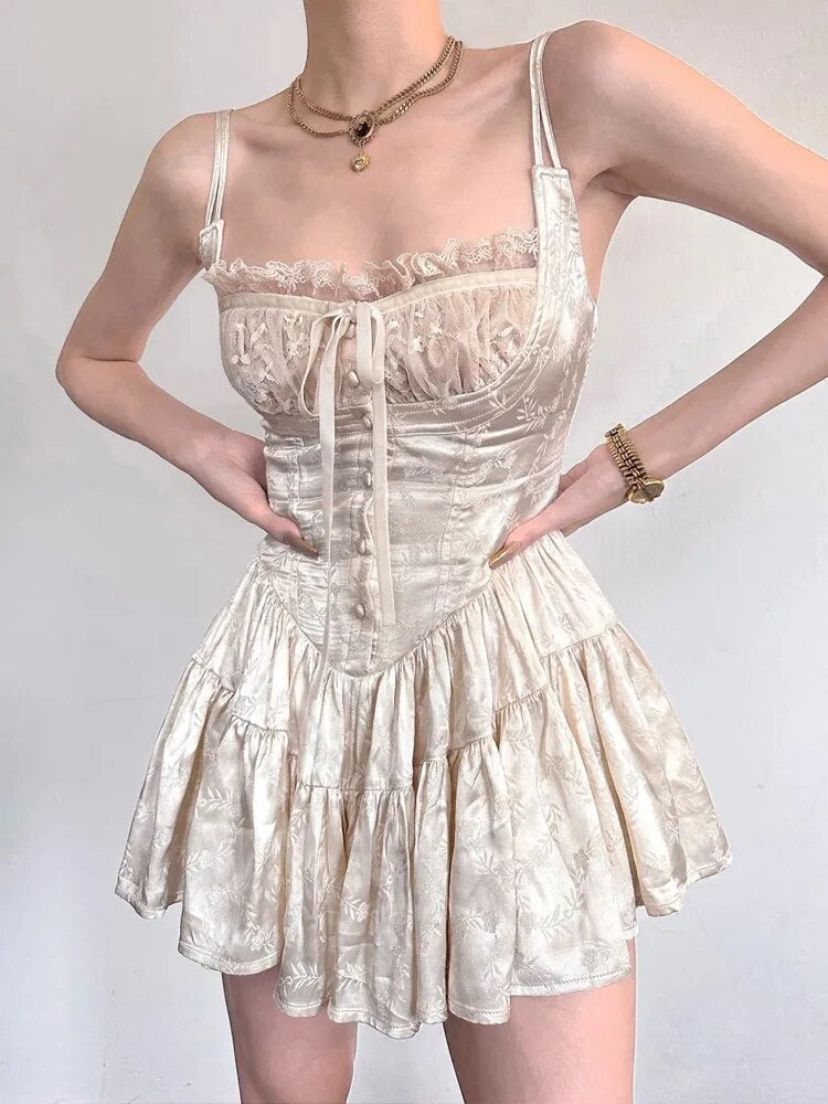 Women's Hollow Sexy Dress Women Spaghetti Straps Sleeveless Off Shoulder High Waist Mini Dress Lace Palace Retro Party Dresses