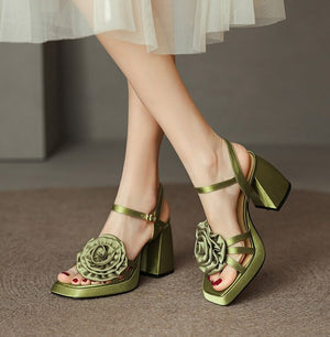 woloong Woman Shoes New Summer Fashion Chunky High Heels Platform Black Green Sweet Flower Dress Party Female Sandals