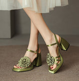 woloong Woman Shoes New Summer Fashion Chunky High Heels Platform Black Green Sweet Flower Dress Party Female Sandals