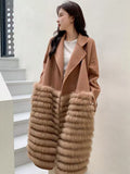 Women Real Fox Fur Collar Woolen Outerwear Female Autumn Long Oversize Loose Woolen Coat Beautiful Women's Clothes