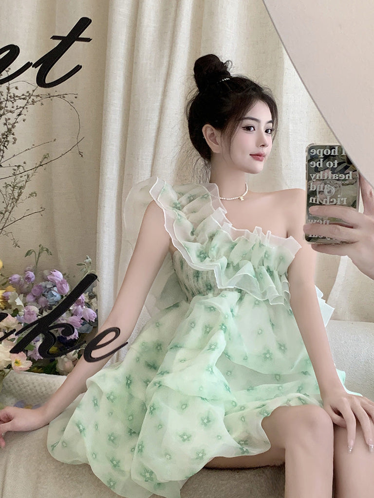 woloong  French Ruffled Dress Sweet Off Shoulder Women's Summer Sleeveless Short Floral Dress Party High Waist A-line Fairy Dress Vestido