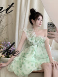 woloong  French Ruffled Dress Sweet Off Shoulder Women's Summer Sleeveless Short Floral Dress Party High Waist A-line Fairy Dress Vestido