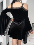 Goth Sexy Flare Sleeve Black Dress Y2K Harajuku High Waist A Line Mini Dresses Off Shoulder Punk Halloween Autumn Dress