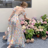 Summer French Vintage Floral  Beach Dress Puff Sleeve Sexy Backless Slip Dresses Elegant Temperament Korea Long Dress