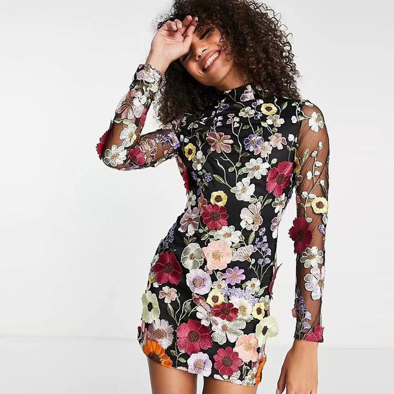 Flower Embroidery Women's Dress Sexy Hip Package Long Sleeve Bodycon Female Dresses  Spring Summer Elegant Mini Vestidos