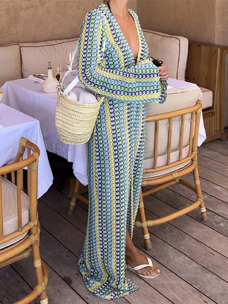 Patchwork Deep V-neck Women's Knit Dress Casual Full Flare Sleeve Crocheted Slit Long Dresses Female Autumn Party Vestidos