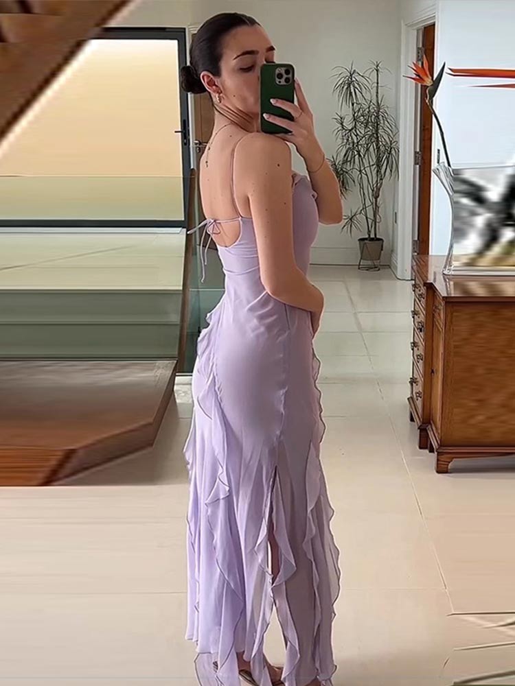 Backless Sleeveless Ruffles Tassels Sling Dress Purple A-line Side Split Irregular Long Dresses Summer Casual Beach
