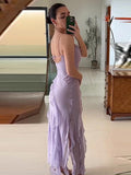 Backless Sleeveless Ruffles Tassels Sling Dress Purple A-line Side Split Irregular Long Dresses Summer Casual Beach