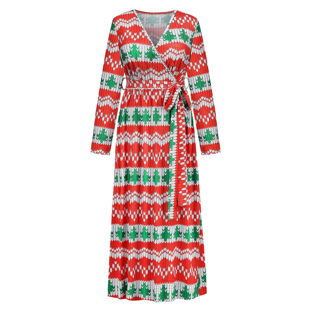 Christmas Print Long Dress for Women Autumn V-neck Knitting  A-LINE Belt Slim Ankle-Length