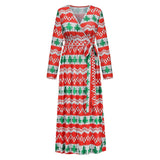 Christmas Print Long Dress for Women Autumn V-neck Knitting  A-LINE Belt Slim Ankle-Length
