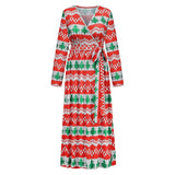Christmas Print Long Dress for Women Autumn V-neck Knitting  A-LINE Belt Slim Ankle-Length
