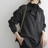 Woloong Fake Two Piece Striped Shirt Women Patchwork Knitted Turtleneck  Autumn Winter Long Sleeve Casual Loose Female Blouse Tops