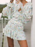 Romantic Full Lantern Sleeve Flower Print Mini Dress Woman Spliced Wood ears Ruffles Hem Elastic Package Hips Holiday Robe