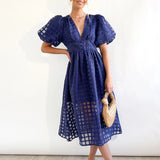 High Waist Lantern Sleeve V Neck Dress Solid Color Mesh Yarn Button Long Dress Casual Elegant Party Dresses Women Summer Vestido