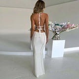 Crochet Halter Sleeveless Backless Solid Hollow Out Bandage Sexy Slim Maxi Prom Dress Winter Festival Party Outfit