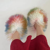 Luxury Fur Slippers Women Round Toe Mongolian Fur Slides Woman Shoes Women Flat Half Slippers