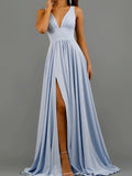 Prom Dress Women'S Clothing Elegant V-neck Solid Color Dress Sling Backless Pink Dress Slit Big Swing Evening Blue Dress Summer