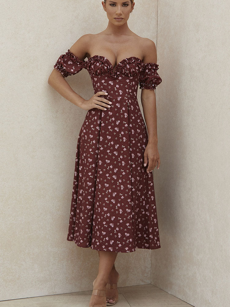 Casual Wear Summer High Quality Sexy Pink Dress Broken Off The Shoulder Backless Printing Dresses Long Skirt Women'S Clothing